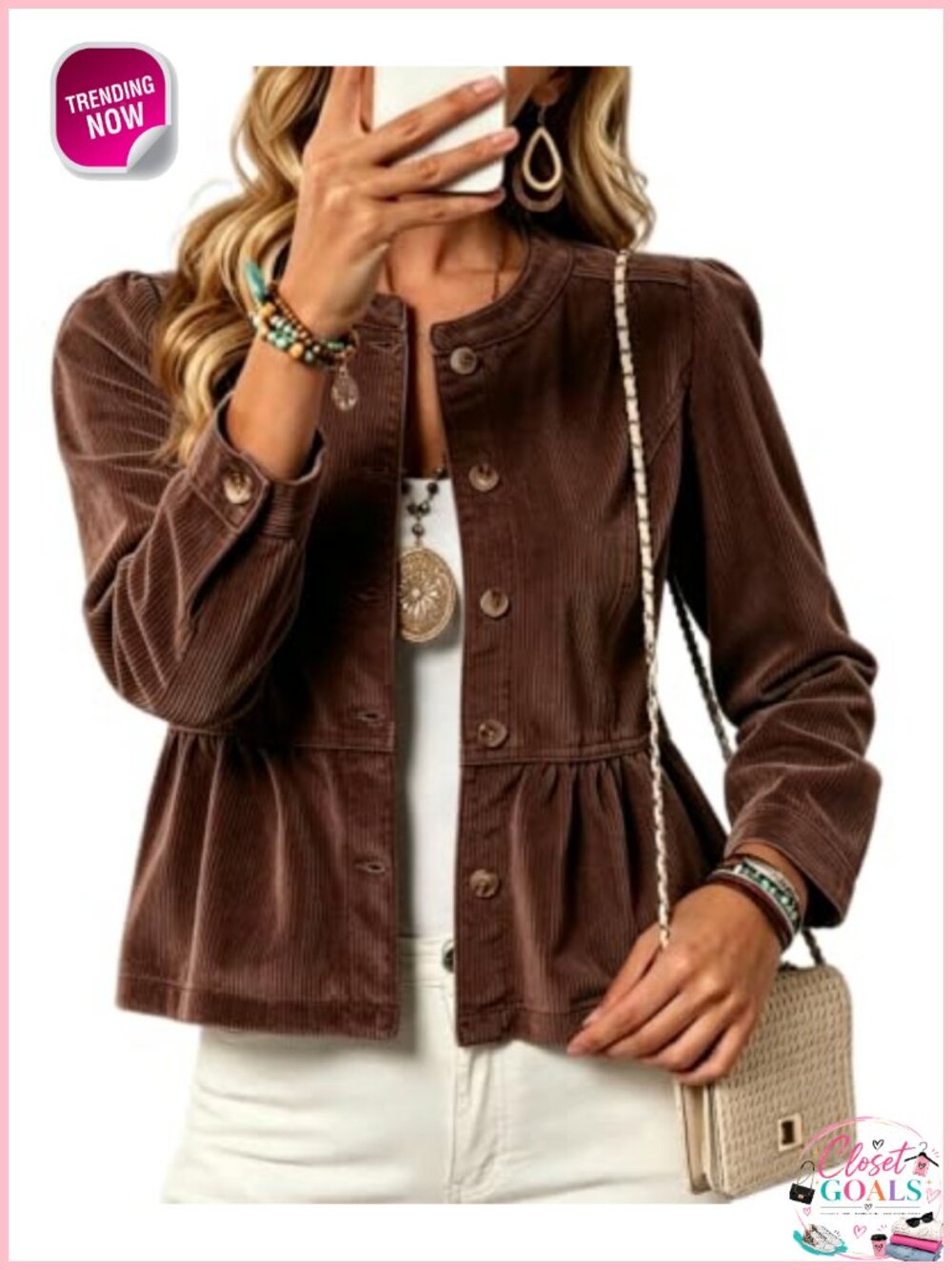 Corduroy Peplum Jacket Cropped Button Front Long Sleeve Casual